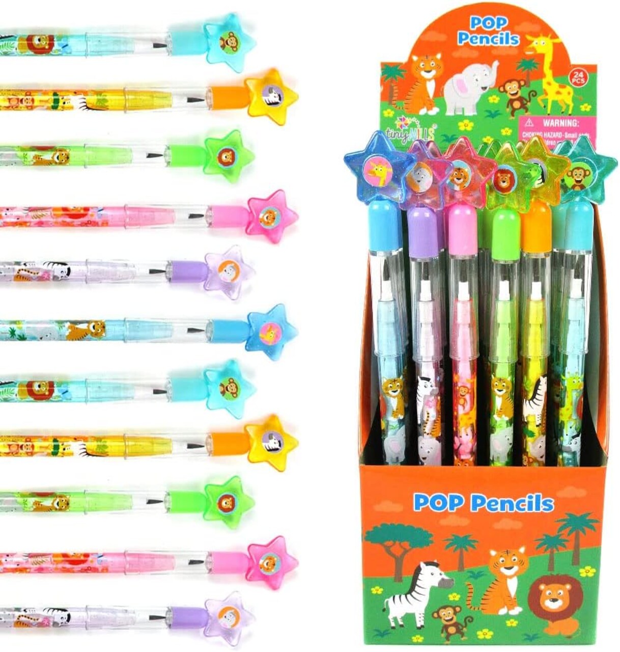 TINYMILLS 24 Pcs Safari Jungle Animals Stackable Push Pencil Assortment with Eraser for Party Favors Goodie Bag Stuffers VBS Classroom Rewards Pinata Fillers Carnival Prize